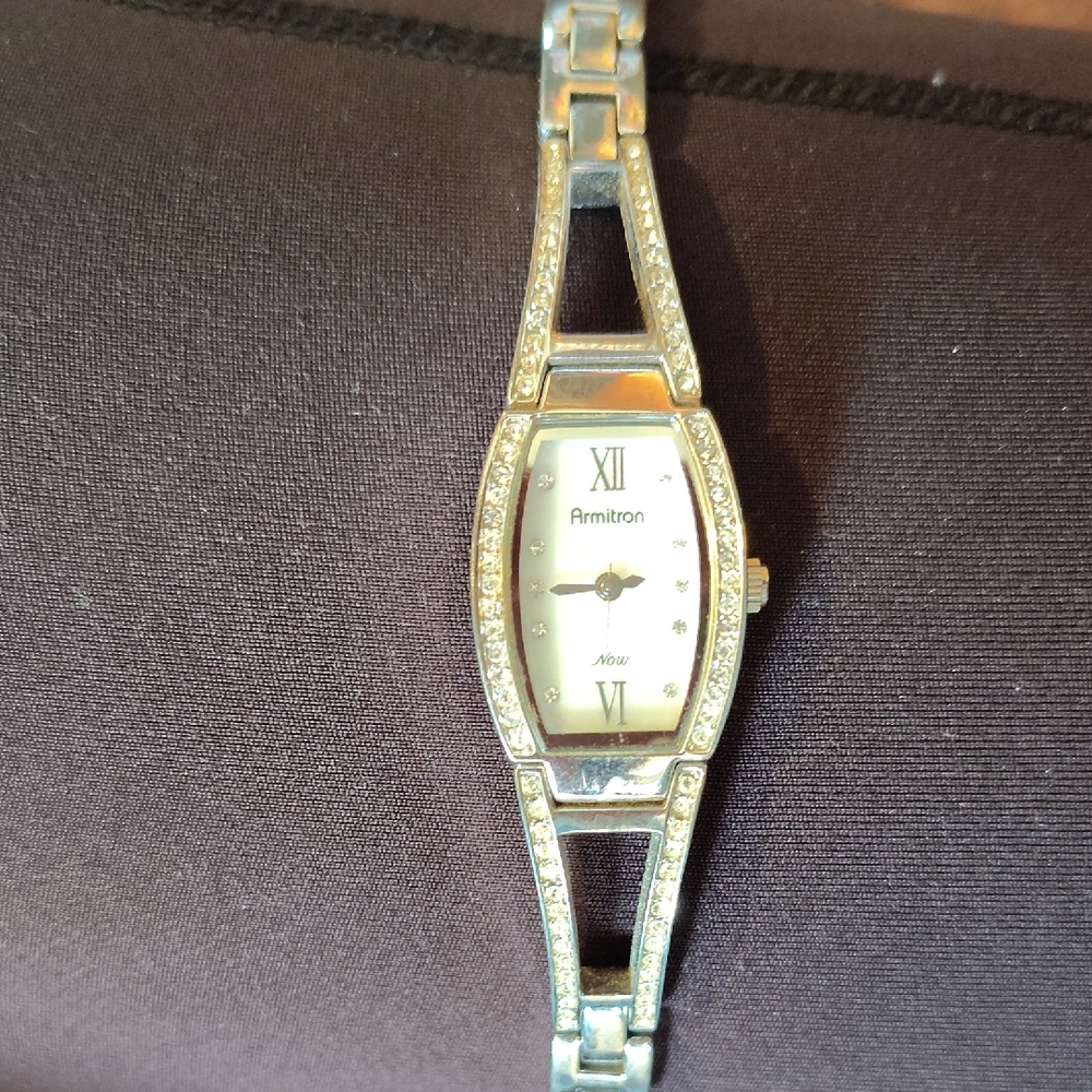 Armitron Silver Tonneau Watch with Rhinestone Bezel